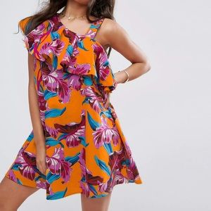 ASOS One Shoulder Ruffle Sundress in Bright Tropical Print